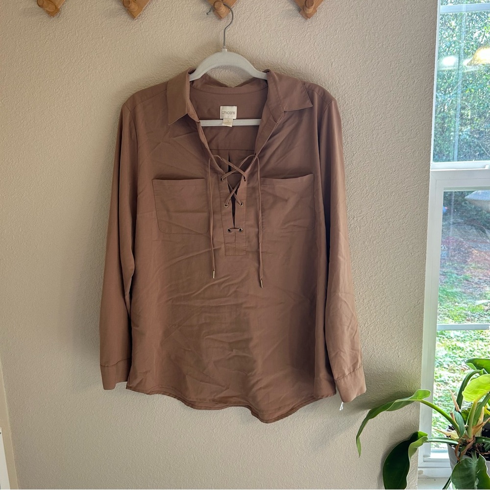 Chicos pullover lace up top. Super soft brown size 2 boho flowy renaissance BN2